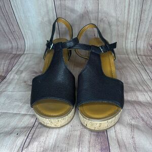 Franco Sarto Shantelle Women’s Wedge Sandals Black Leather Cork Size 8
